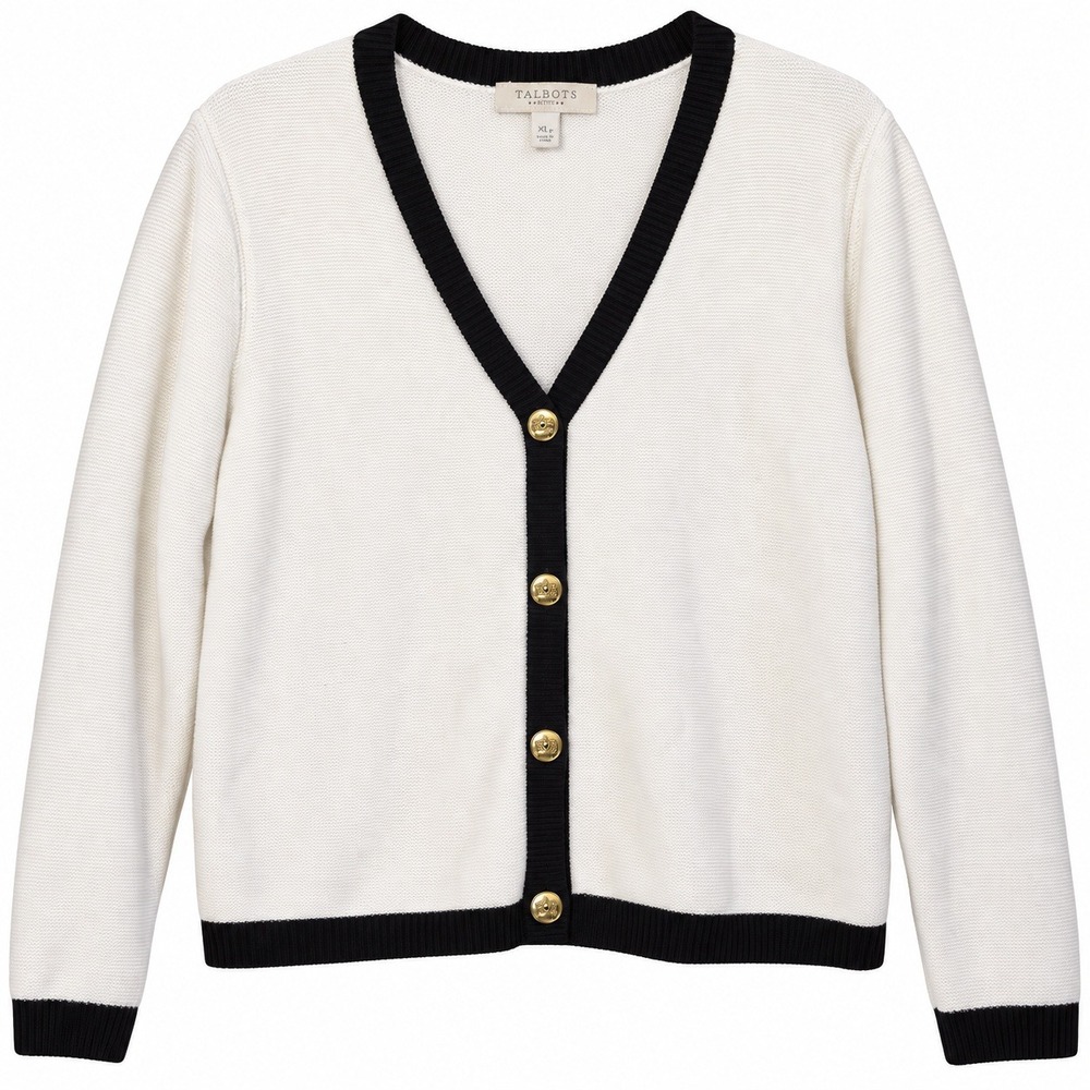 Talbots XL Ivory Black Trim Cardigan Gold Crest Buttons Preppy Quiet Luxury